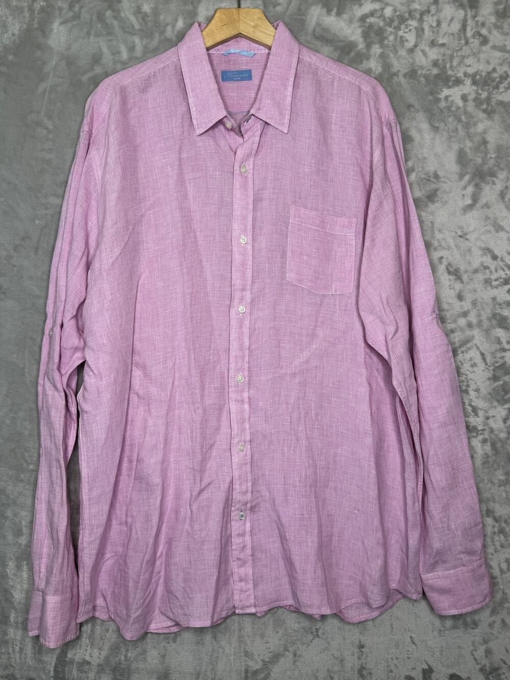Patrick Assaraf Shirt Mens 2XL Pink Check Linen Long Sleeve Button Up Casual